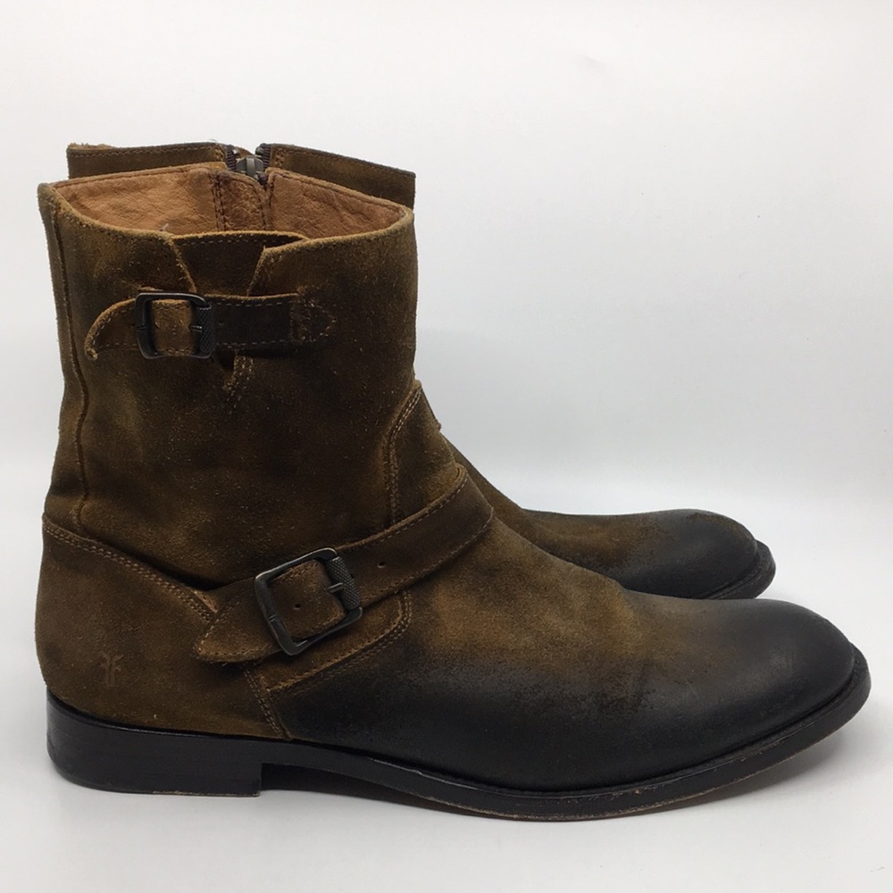 Mens Frye Buckled Brown Suede Ankle Boots with distressed ombré toes. Size 11.5